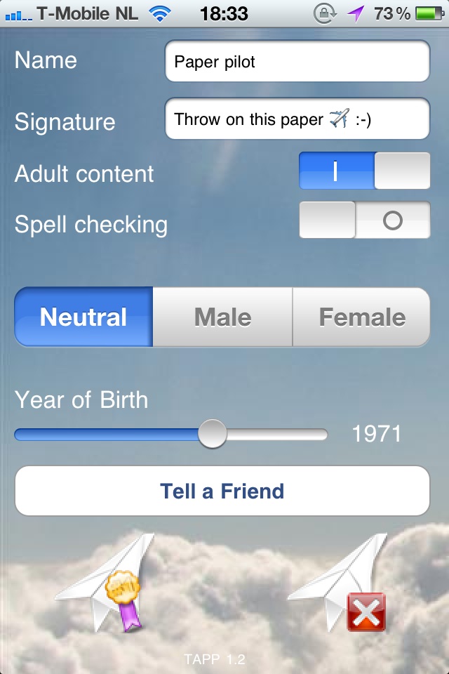 TAPP (Throw A Paper Plane) Settings iPhone